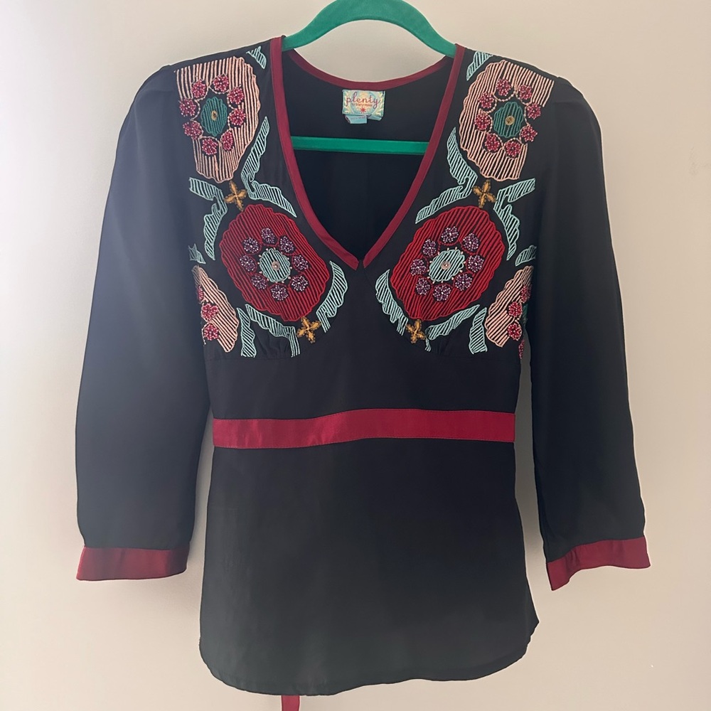 Plenty by Tracy Reese Black Blouse with Red and Green Embroidery